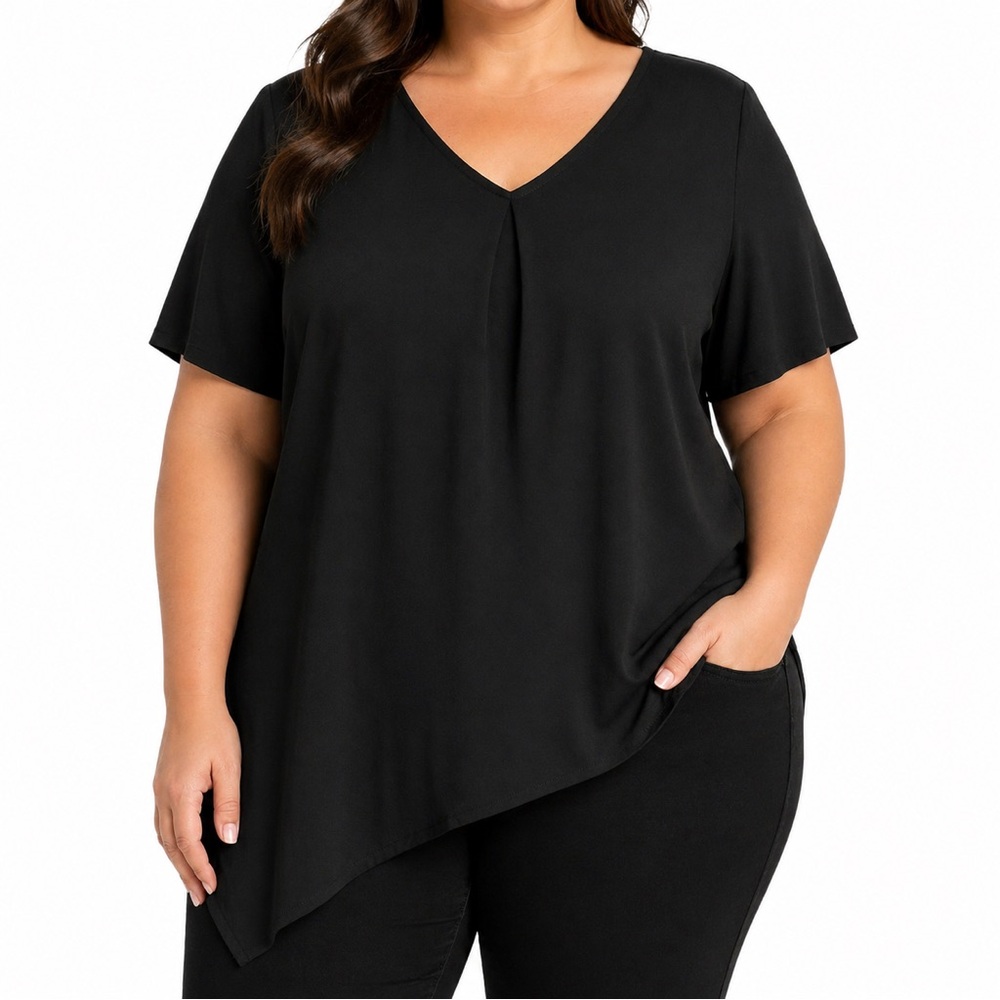 Donna Ricco Black Blouse 24W Plus Size V-Neck Flowy Career Top